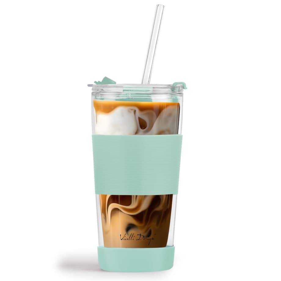 Kubek termiczny szklany ze słomką 600 ml miętowy Fuori 30428