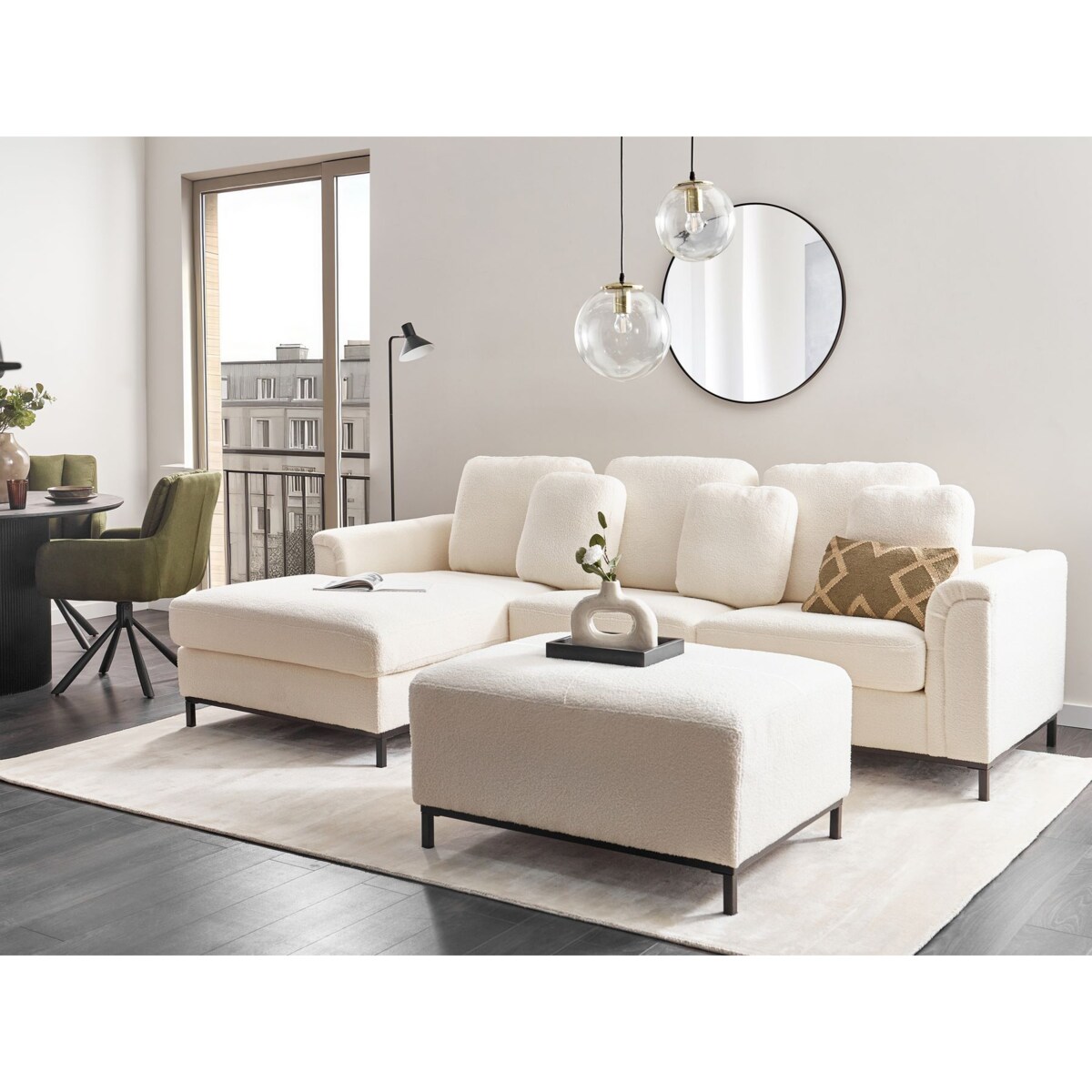 Sofa narożna prawostronna z otomaną OSLO Biały Boucle dla 5 osób Prawostronny