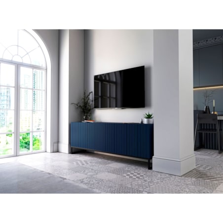 Szafka RTV Glamour Granatowy Mat Komoda RTV Loft Rama Czarna 150 cm Ryflowane fronty