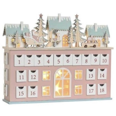 Kalendarz adwentowy LED 31x37,5x8,5 cm WILLA różowy z domkami