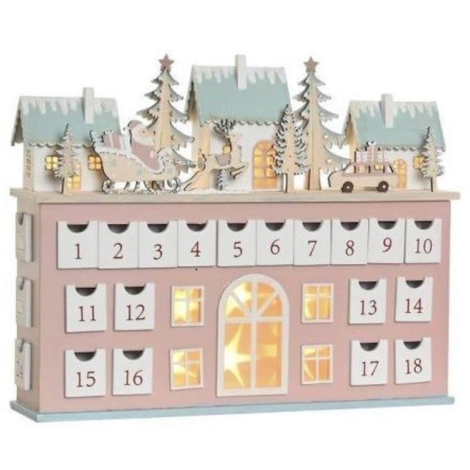 Kalendarz adwentowy LED 31x37,5x8,5 cm WILLA różowy z domkami