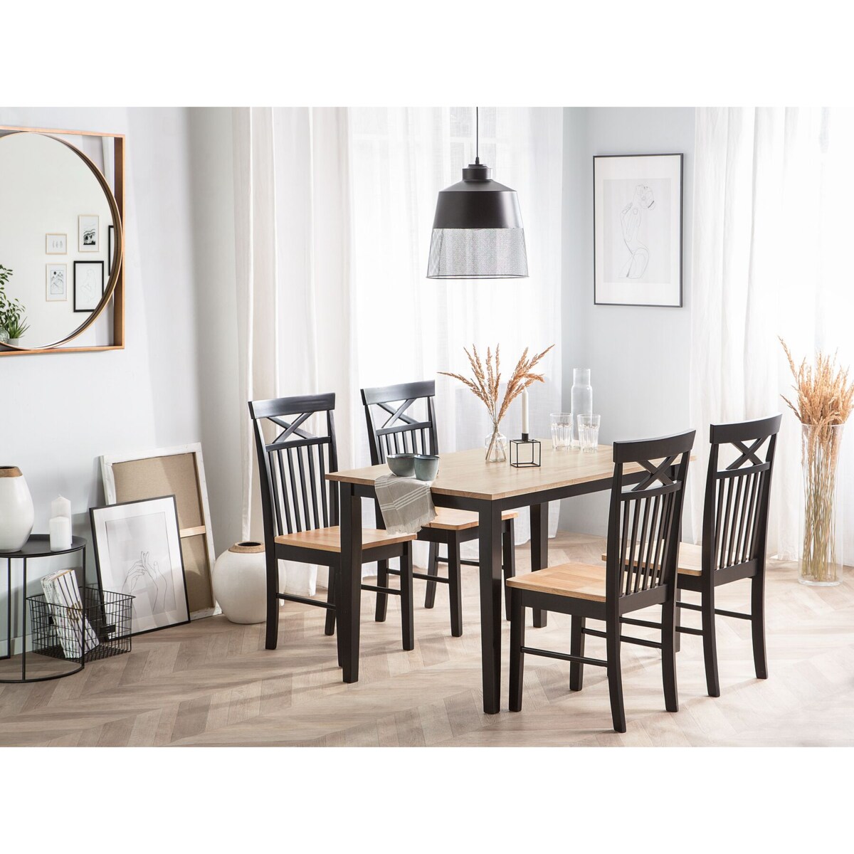 Zestaw do jadalni stół i 4 krzesła drewniany jasny z czarnym HOUSTON