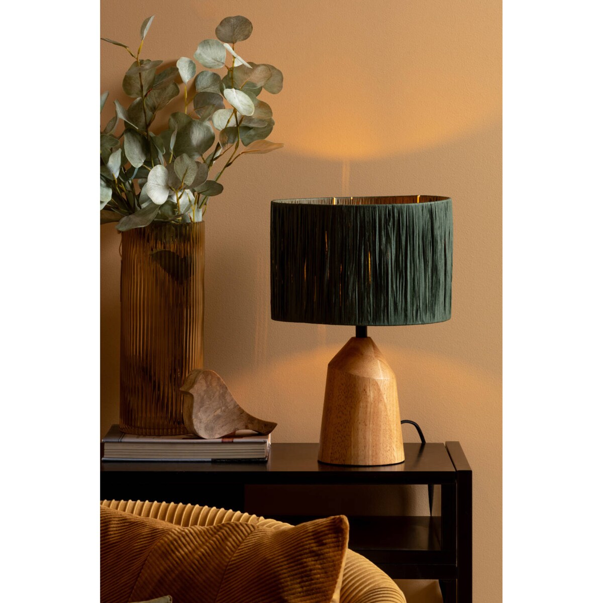 Lampa stołowa TRAPEZE z drewnianą podstawą, Ø 25 cm