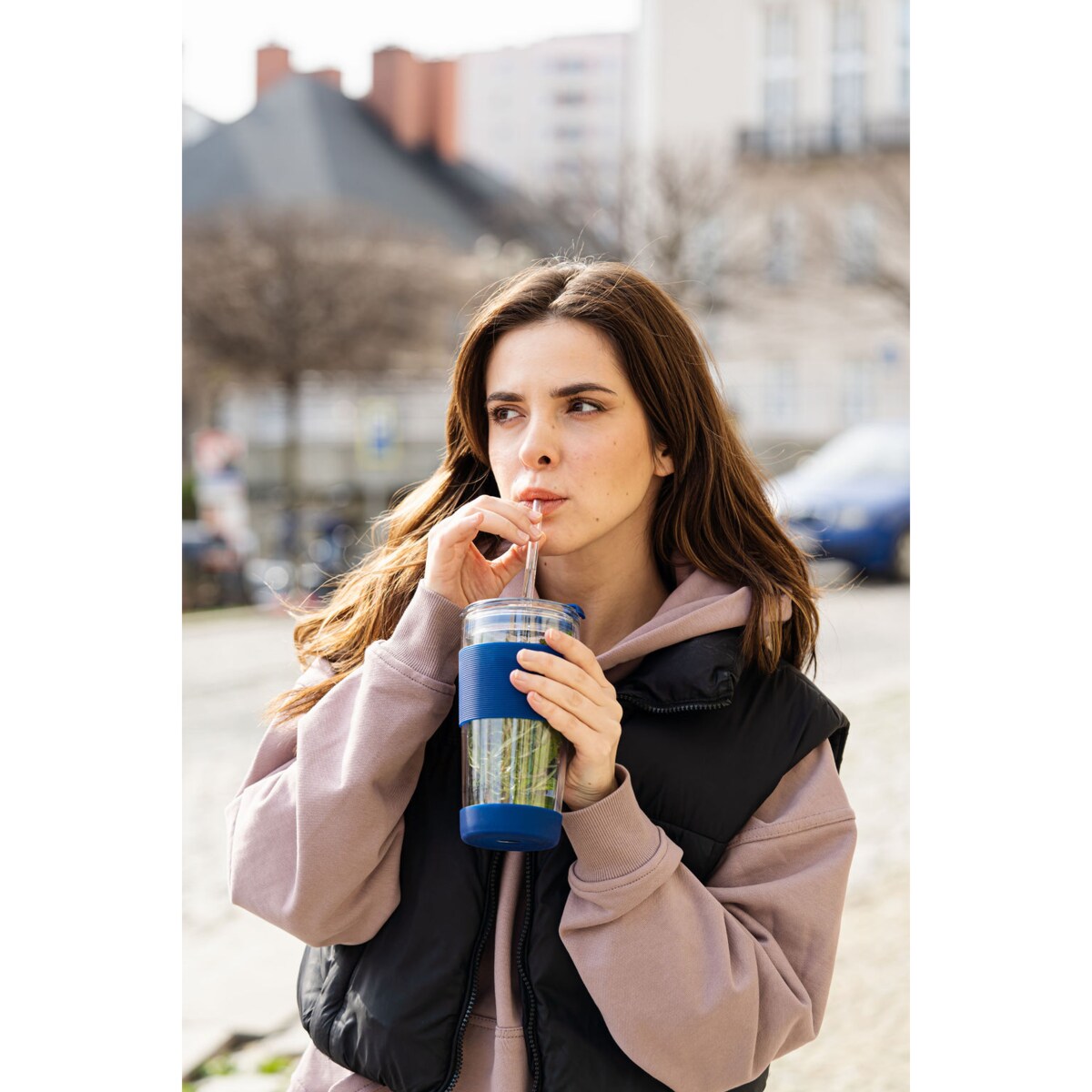 Kubek termiczny szklany ze słomką 600 ml granatowy Fuori 30381