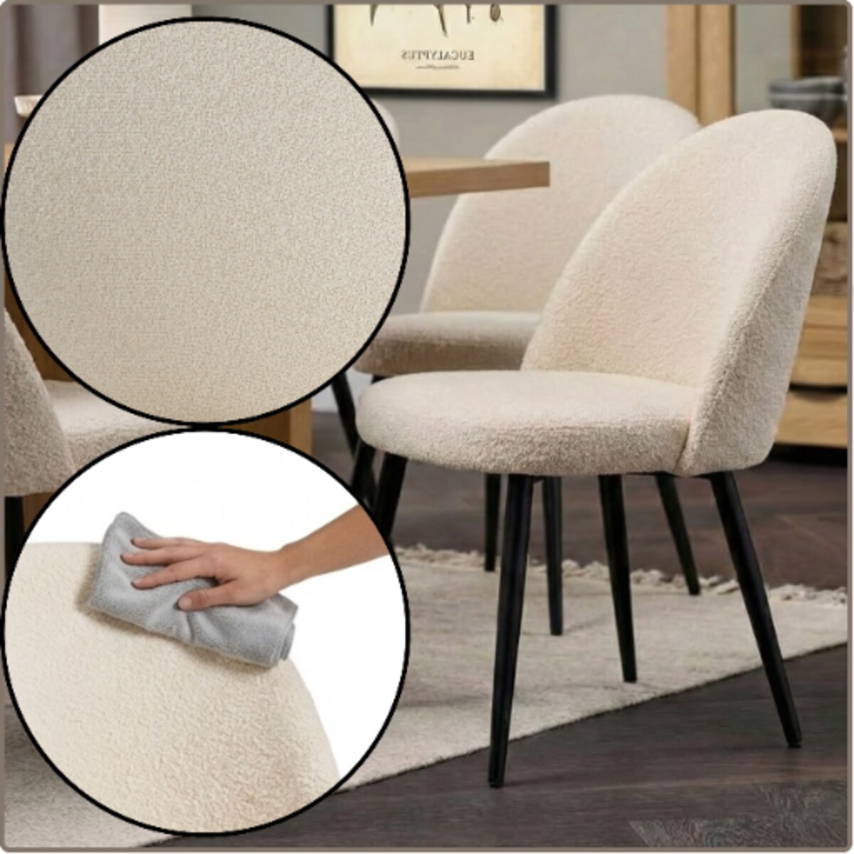 Krzesło tapicerowane boucle do salonu jadalni nowoczesne wygodne stylowe beżowe ecru