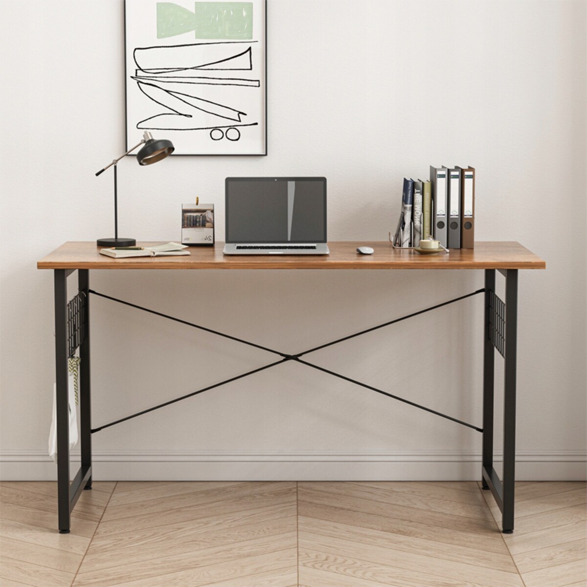 Biurko komputerowe loft industrialne szkolne rustykalny brąz z haczykami