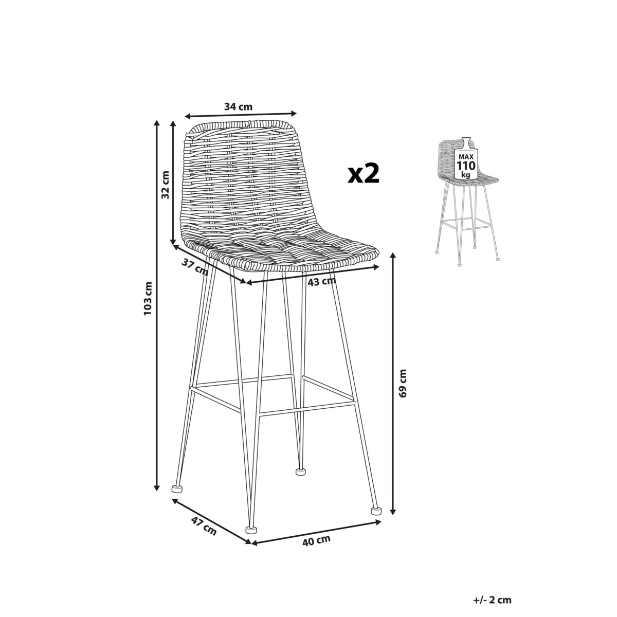 Zestaw 2 krzeseł barowych CASSITA Rattan Brązowy