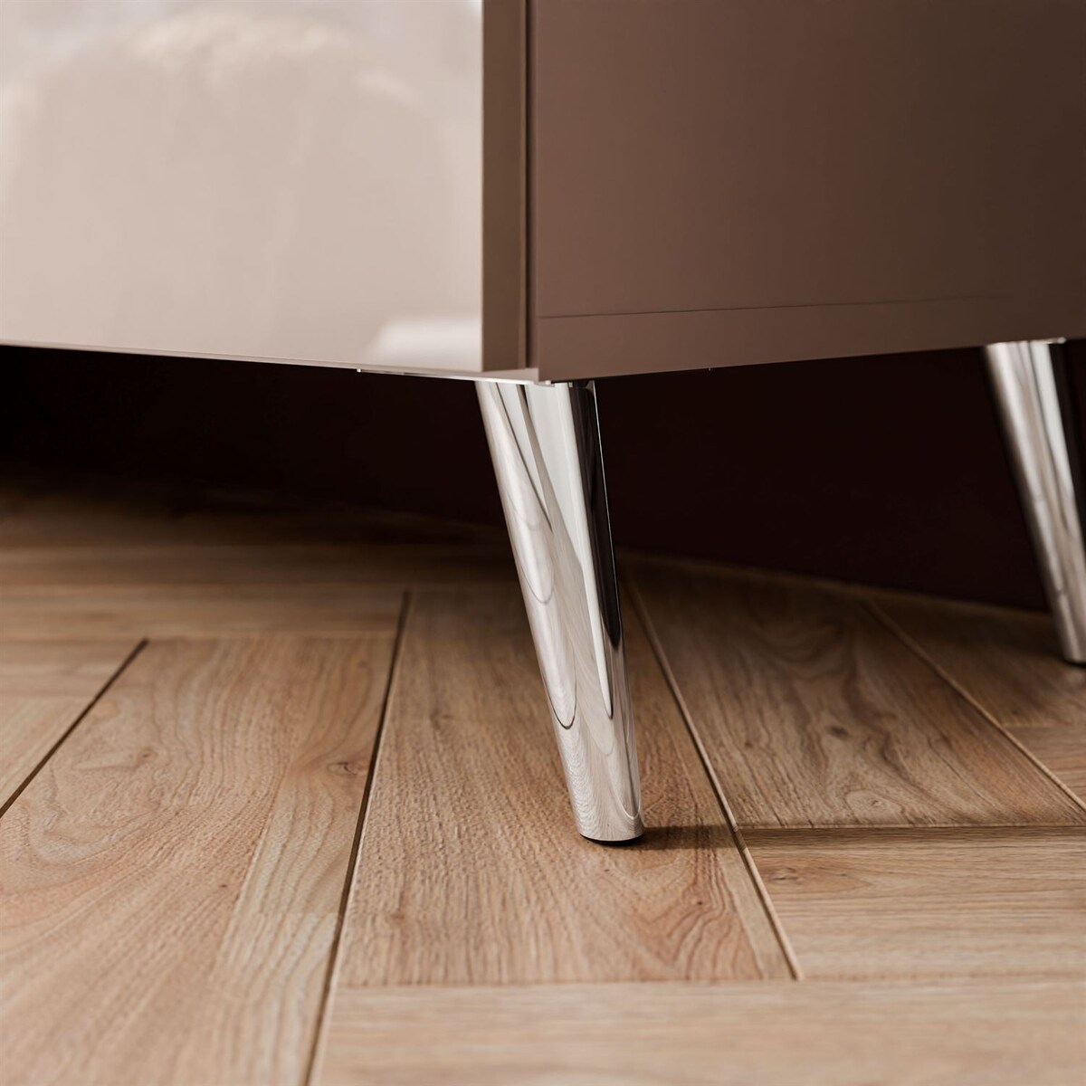 Szafka RTV COLGANTE 100 kaszmir wysoki połysk, oświetlenie LED, nóżki skośne srebrne