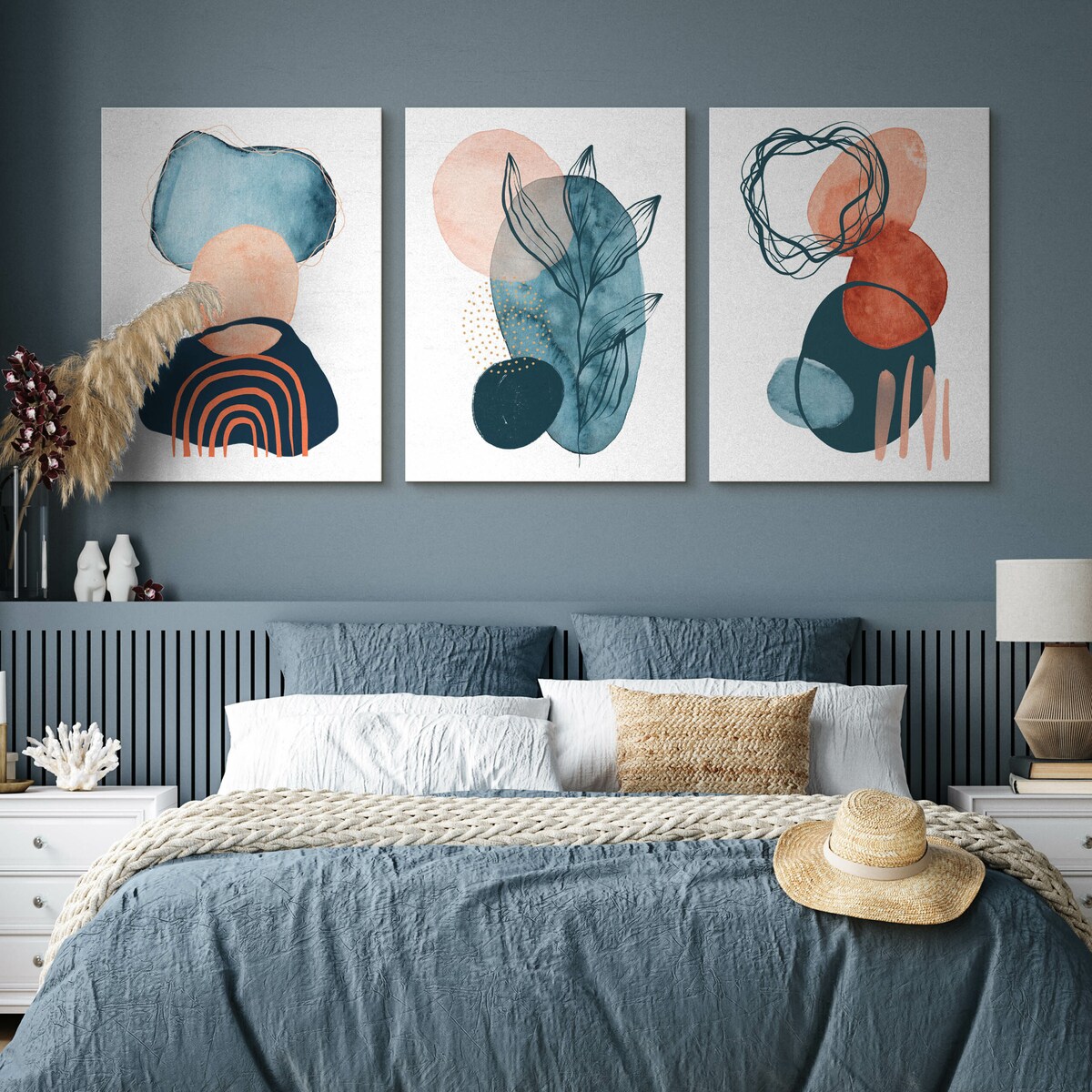 OBRAZY DO SALONU SET AKWARELE ABSTRAKCYJNE KSZTAŁTY LIŚCIE BOHO 90x40cm