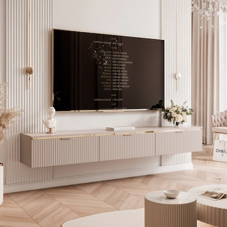 Szafka RTV ryflowana w kolorze kaszmiru ze złotą wstawką 200cm