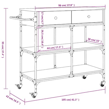 vidaXL Wózek kuchenny, szary dąb sonoma, 105x42x95 cm