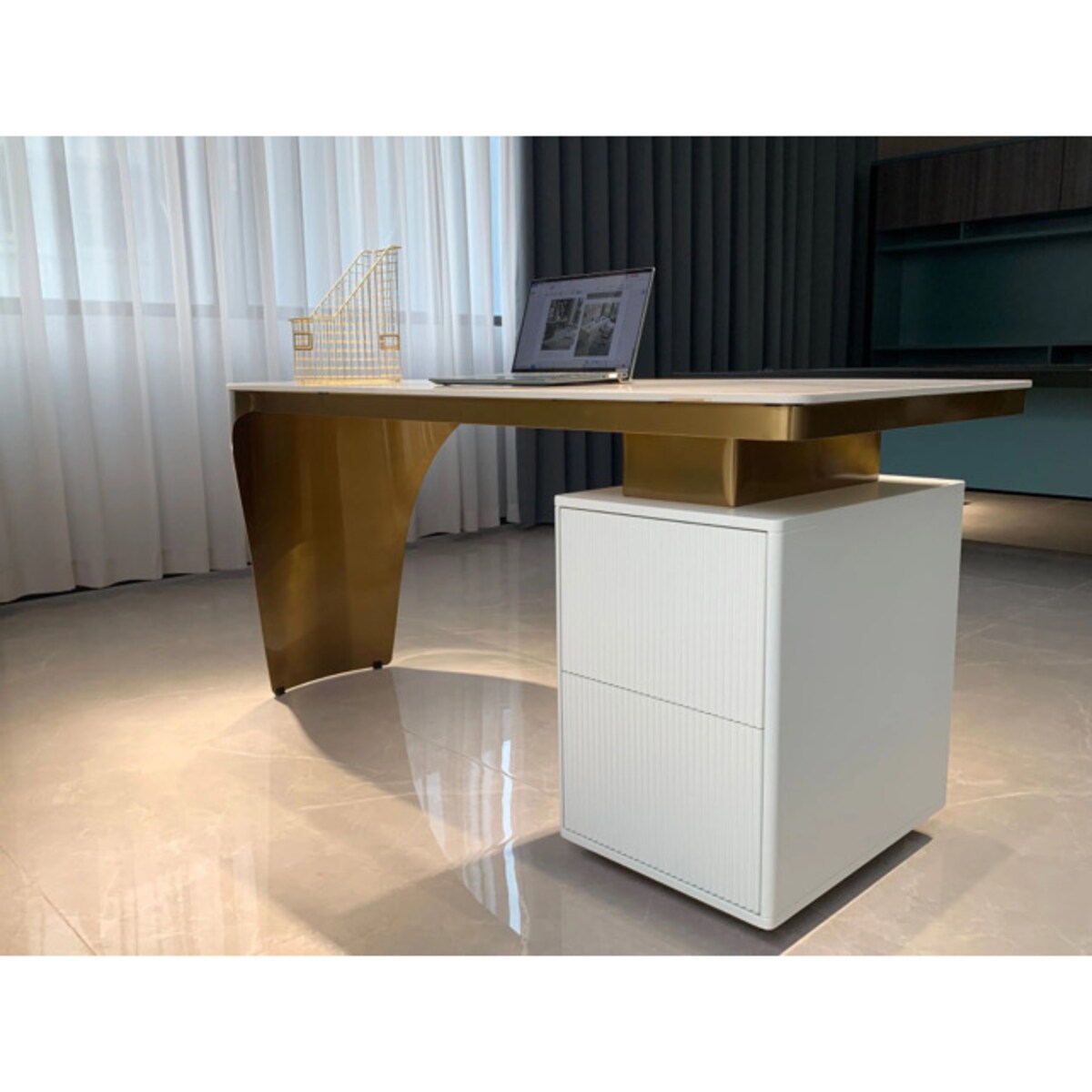 Białe - złote biurko ze stali nierdzewnej Matrix Premium 140x70x75