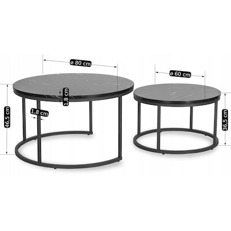 Zestaw Stolik Kawowy Okrągły 2w1 Ława Do Salonu Czarny Marmur MAURO MAX