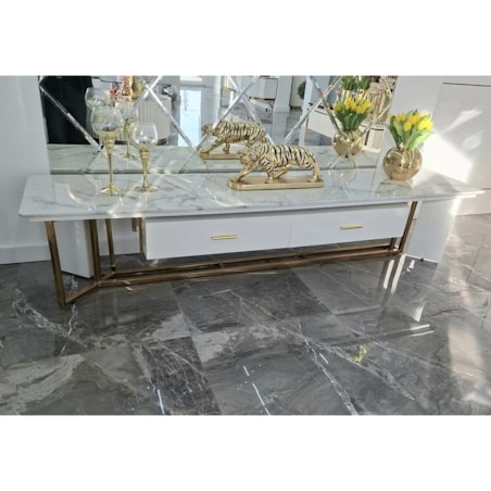 Szafka RTV złota Italiano Glamour Premium z blatem marmurowym 200x45x42