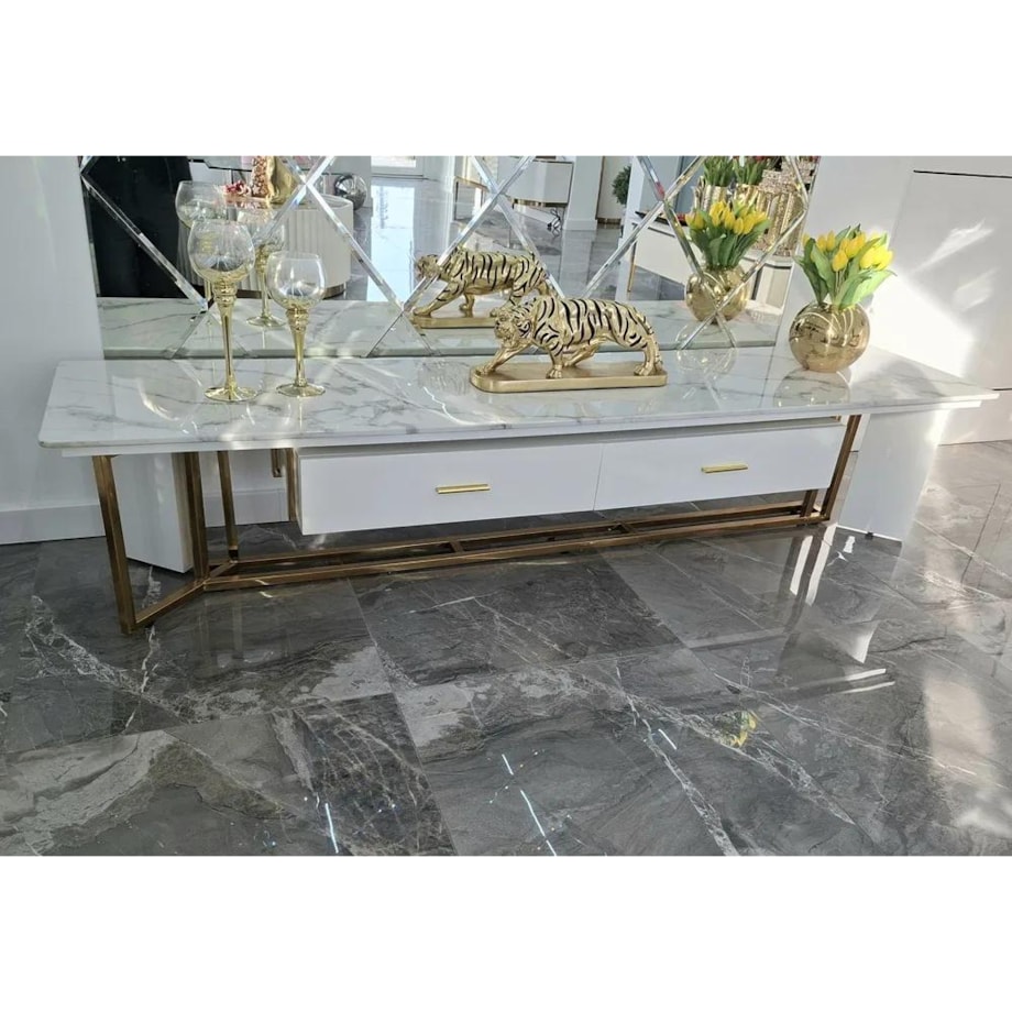 Szafka RTV złota Italiano Glamour Premium z blatem marmurowym 200x45x42