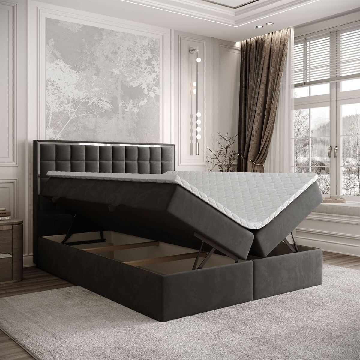 Łóżko kontynentalne ISADORA SILVER, pojemnik na pościel, 160x200, RV 185, topper