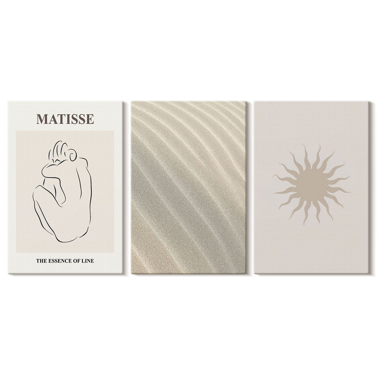 Zestaw 3 dużych obrazów na płótnie - Minimalistyczne linie piasku słońce - beżowy