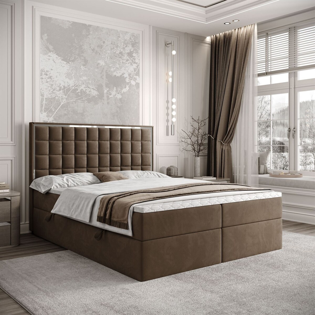 Łóżko kontynentalne ISADORA SILVER, pojemnik na pościel, 160x200, RV 196, topper