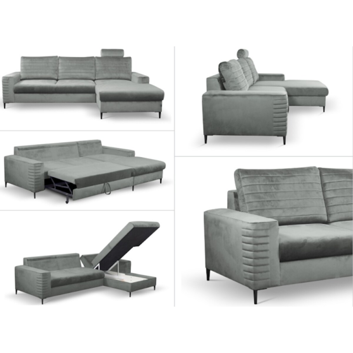 Narożnik rozkładany z zagłówkiem i pojemnikiem OLI, prawostronny, szary