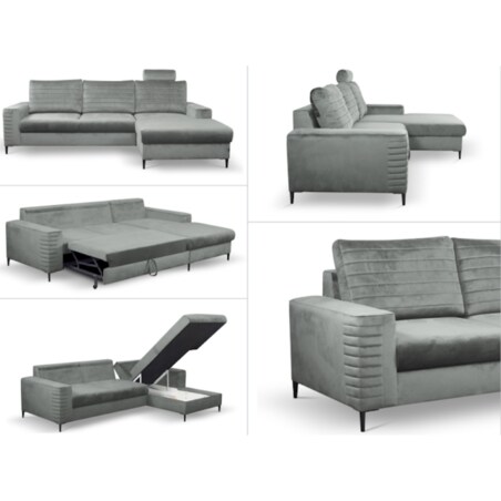 Narożnik rozkładany z zagłówkiem i pojemnikiem OLI, prawostronny, szary