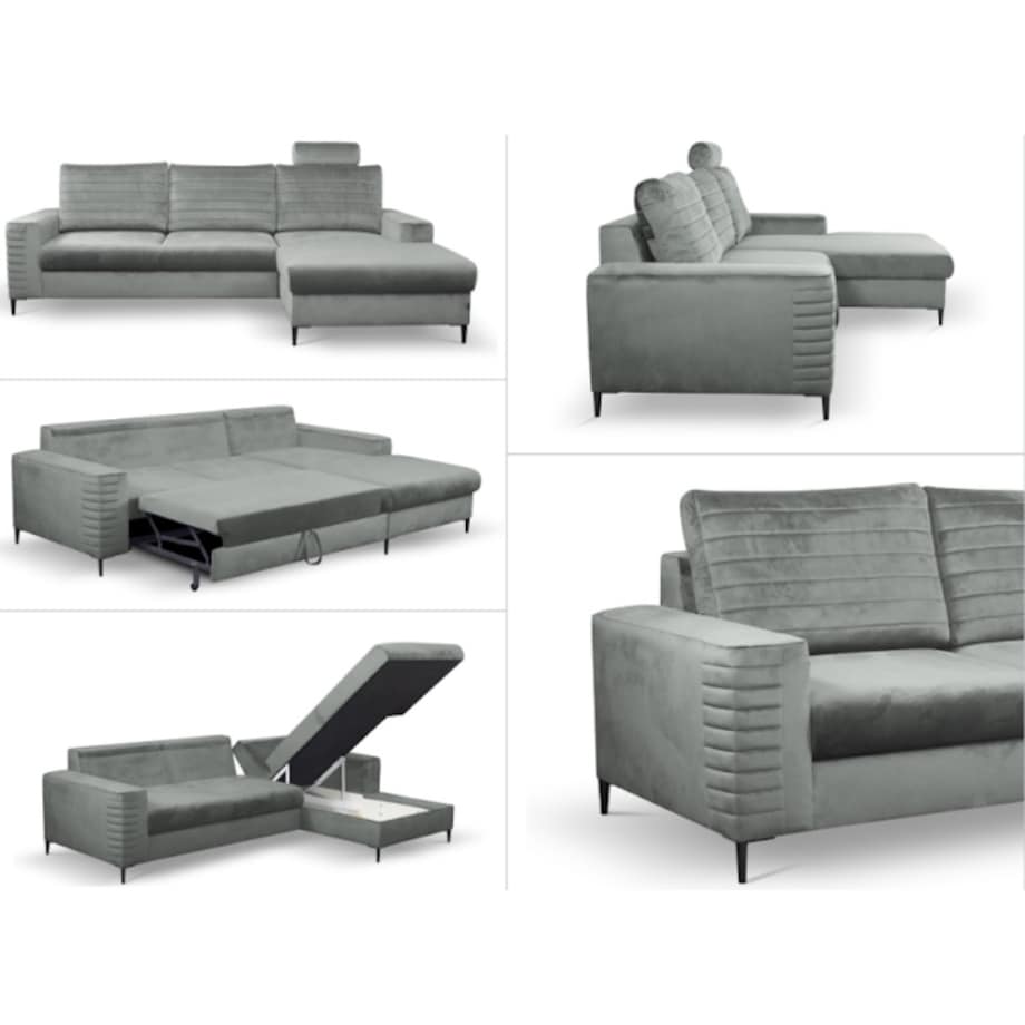 Narożnik rozkładany z zagłówkiem i pojemnikiem OLI, prawostronny, szary