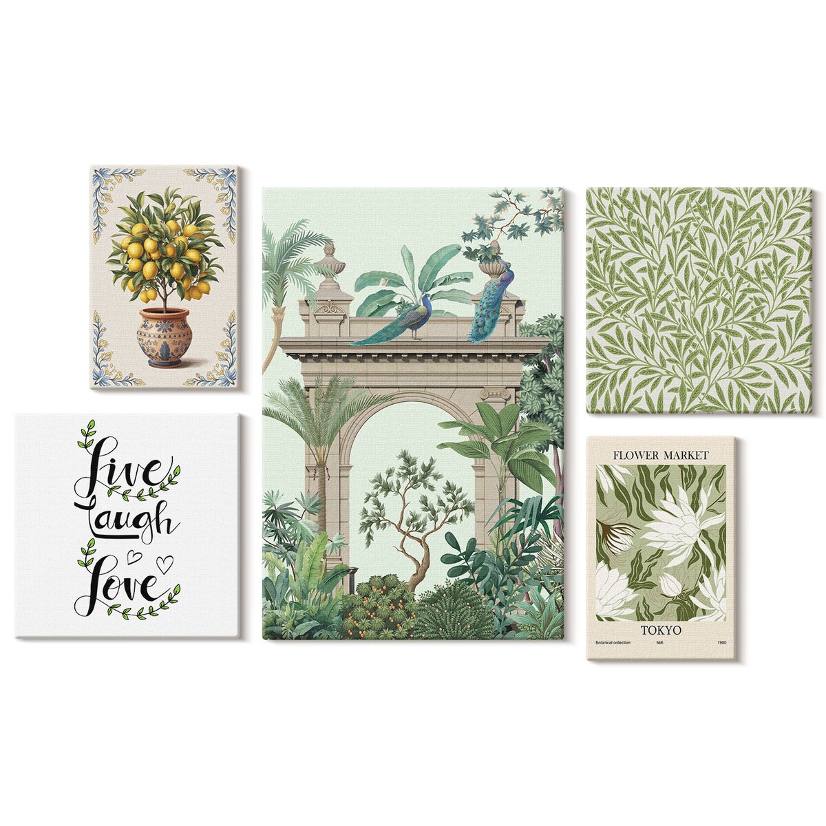 Zestaw 5 obrazów na płótnie - Roślinne motywy boho akcenty - zielony