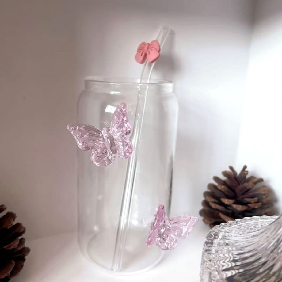 Szklanka wysoka ze słomką, MOTYLKI róż 500 ml, 1 szt- SZK163