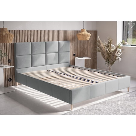 Łóżko sypialniane 160x200 LUXO 1, drewniane nogi, tkanina plecionka - szare