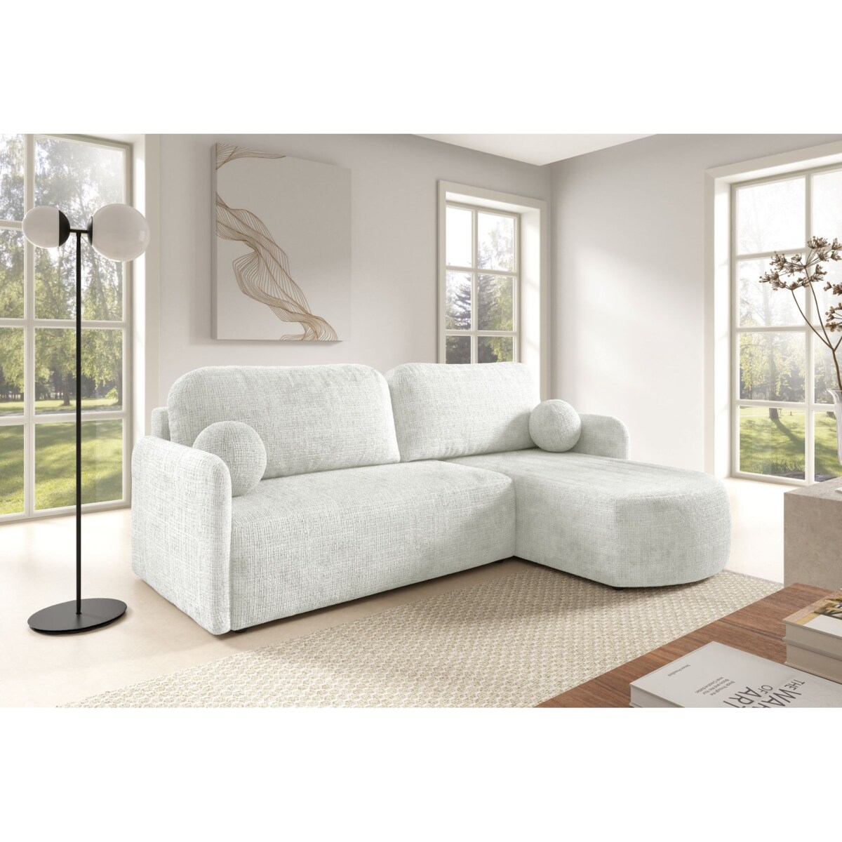 Nowoczesny Narożnik BON z funkcją spania, obity tkanina Cremona śmietankowy