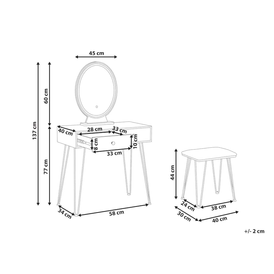 Toaletka 2 szuflady lustro LED ze stołkiem ciemne drewno z czarnym LOIX