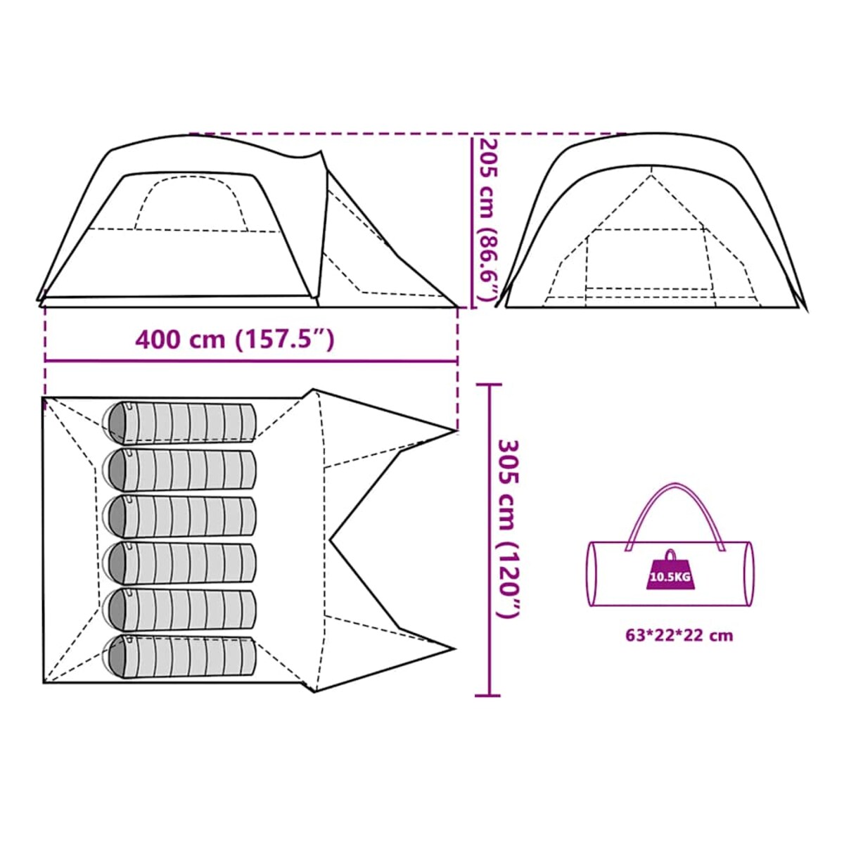 vidaXL Namiot rodzinny z przedsionkiem, 6-os., niebieski, wodoszczelny