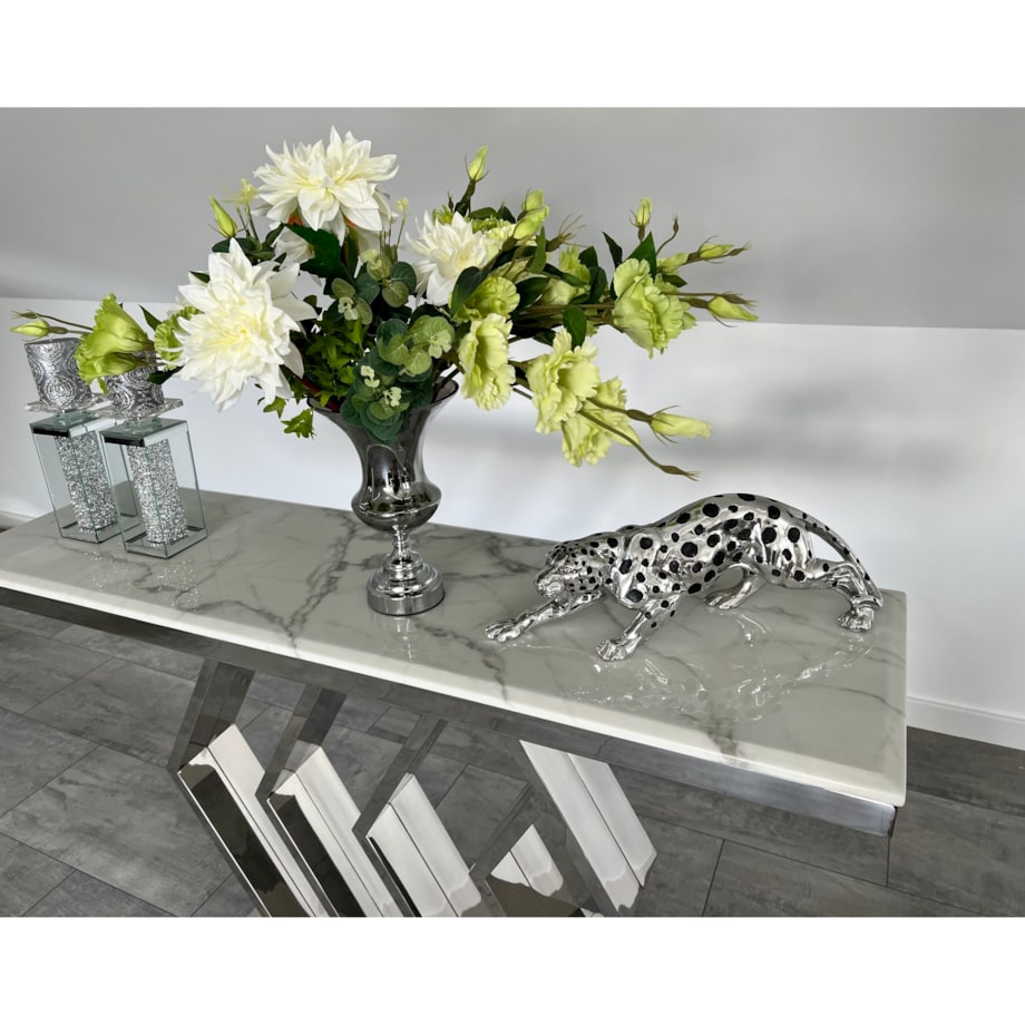 Konsola nowojorska srebrna z kamiennym blatem marmurowym Alis Premium 140x40x83