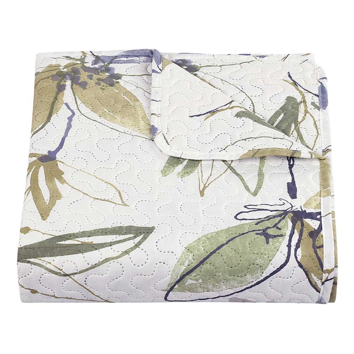 Narzuta pikowana biała Flori 170x210, zielone liście, drukowana