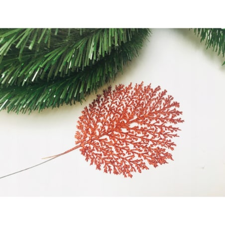 BROKATOWA GAŁĄZKA czerwona LIŚĆ paproć do dekoracji święta stroik choinka