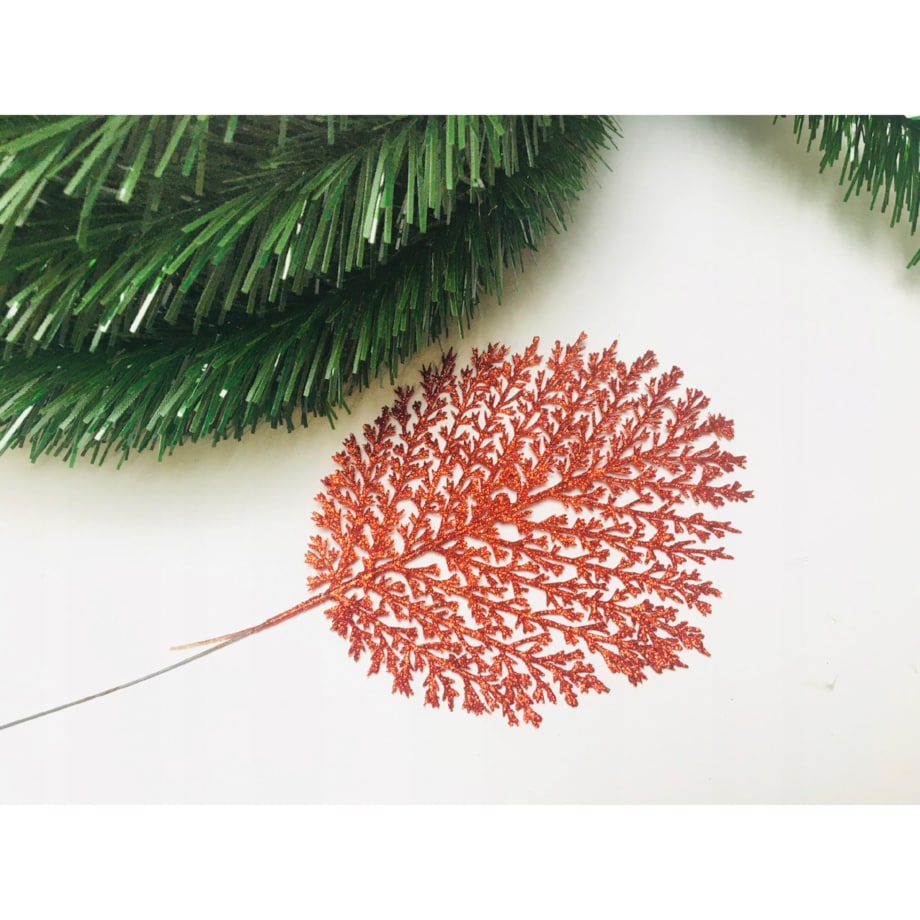 BROKATOWA GAŁĄZKA czerwona LIŚĆ paproć do dekoracji święta stroik choinka