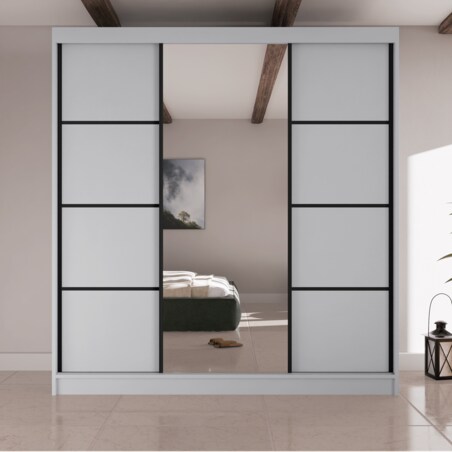 Szafa przesuwna Filo V200 z lustrem, czarne szprosy na frontach - biała