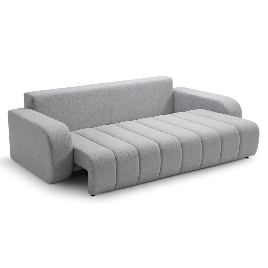 Sofa rozkładana ALOO obita tkaniną boucle z ozdobnymi poduszkami jasnoszara
