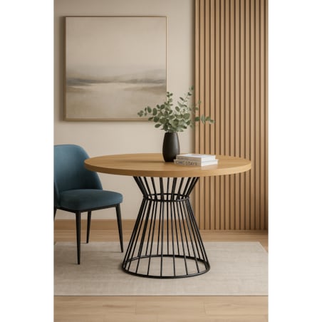 Okrągły stół Reo do salonu z metalową podstawą, blat 90 cm- dąb hikora