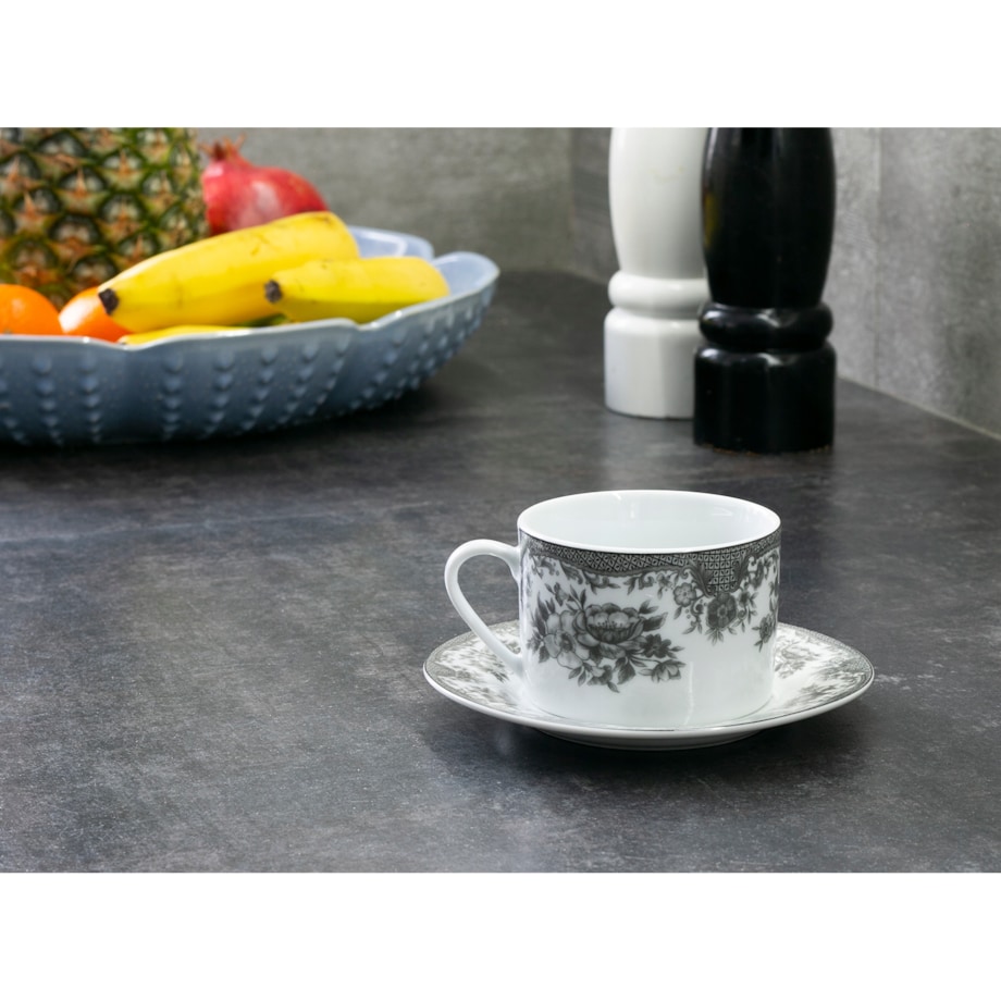 FILIŻANKA ROSE ze spodkiem czarno-biała 190ml