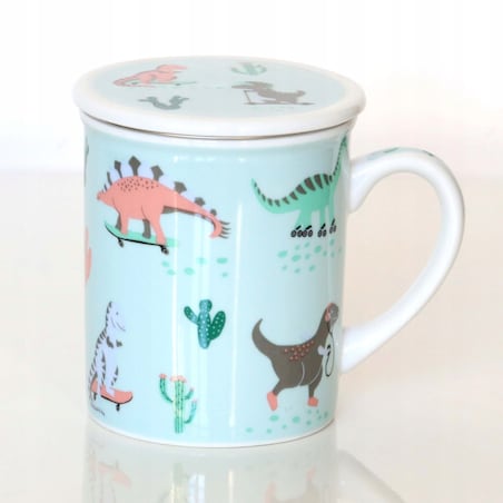 Porcelanowy kubek z nierdzewnym zaparzaczem i pokrywką DINOZAURY z motywem dinozaurów 250ml zestaw do parzenia herbaty ziół naparów