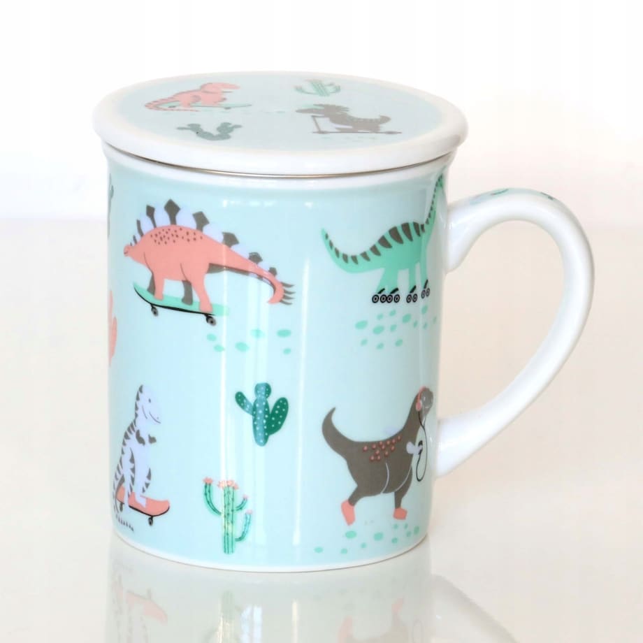 Porcelanowy kubek z nierdzewnym zaparzaczem i pokrywką DINOZAURY z motywem dinozaurów 250ml zestaw do parzenia herbaty ziół naparów