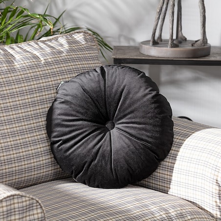 Poduszka okrągła z guzikiem, głęboka czerń, ⌀37 cm, Velvet