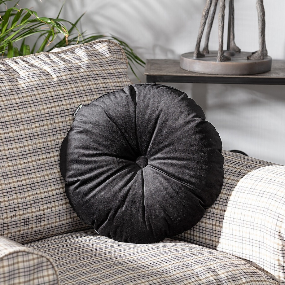 Poduszka okrągła z guzikiem, głęboka czerń, ⌀37 cm, Velvet