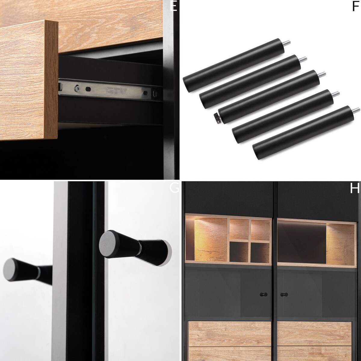 KONSIMO LOFTY Witryna na drewnianych nogach z ryflowanym przodem