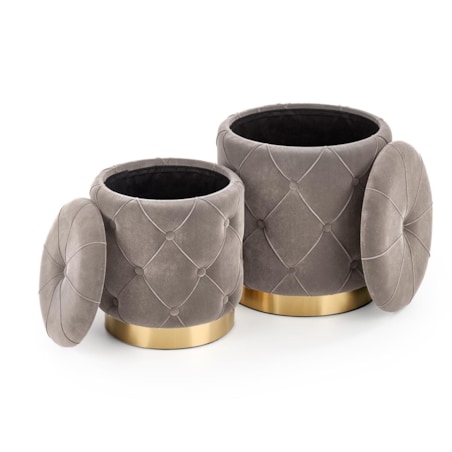 2 PUFY ZE SCHOWKIEM Grena szare PIKOWANE złota podstawa