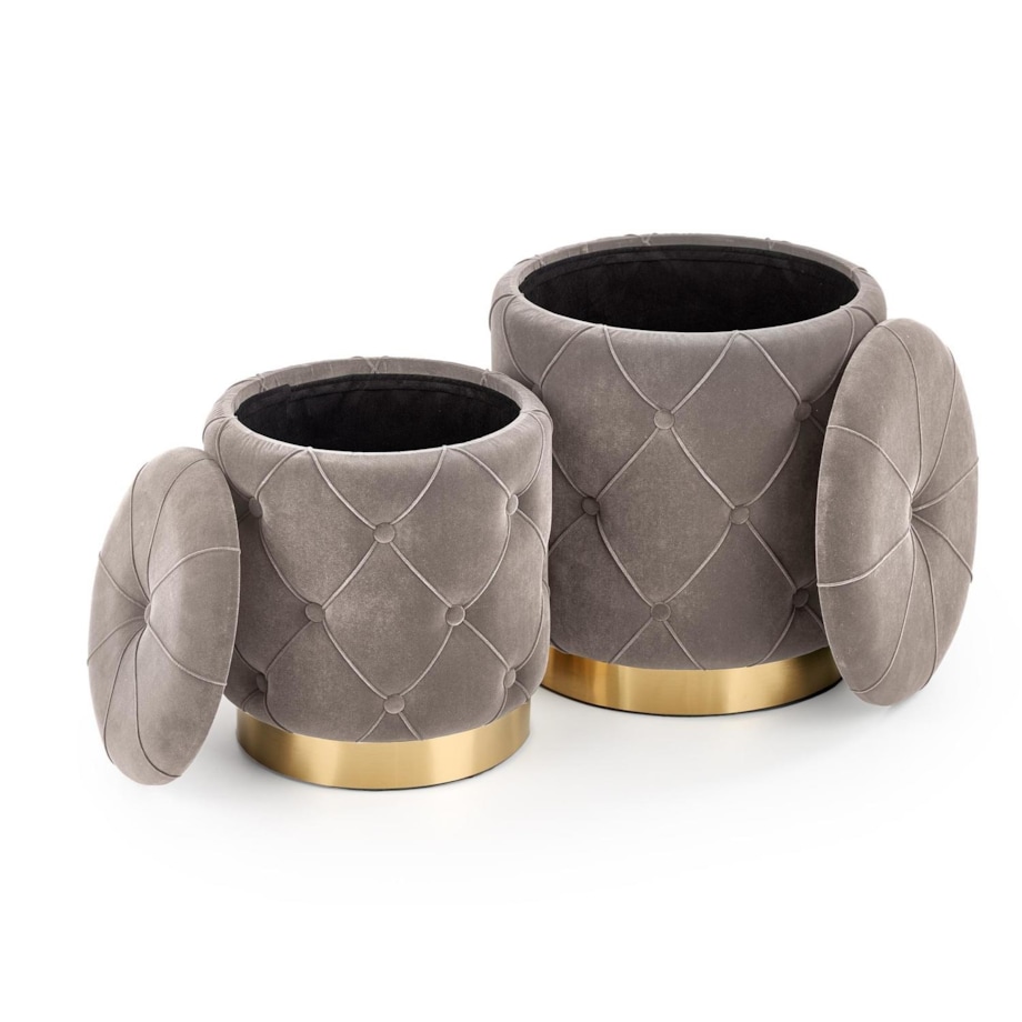 2 PUFY ZE SCHOWKIEM Grena szare PIKOWANE złota podstawa