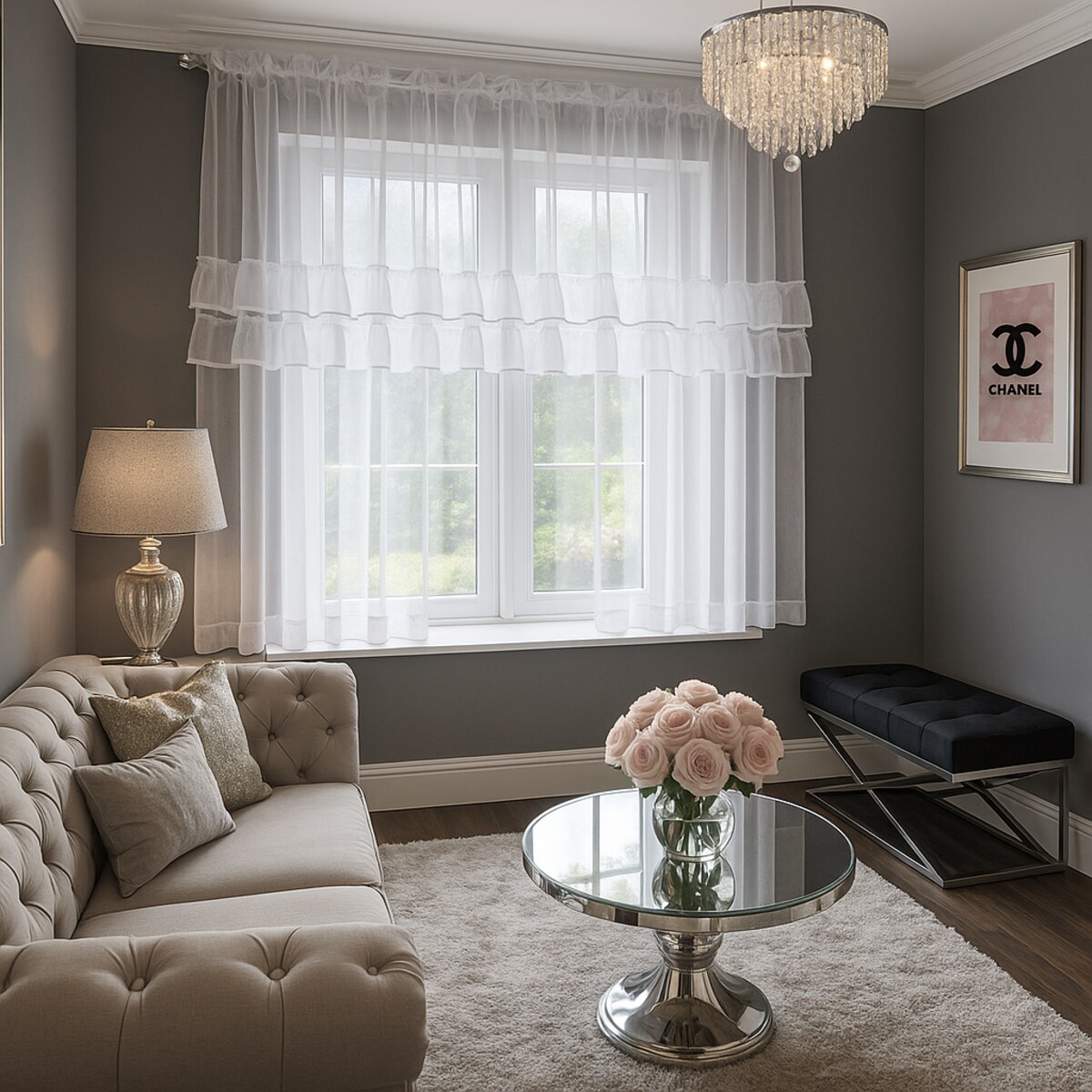 firana z lekkiej etaminy "sophia" dwie falbanki 400x160cm | taśma