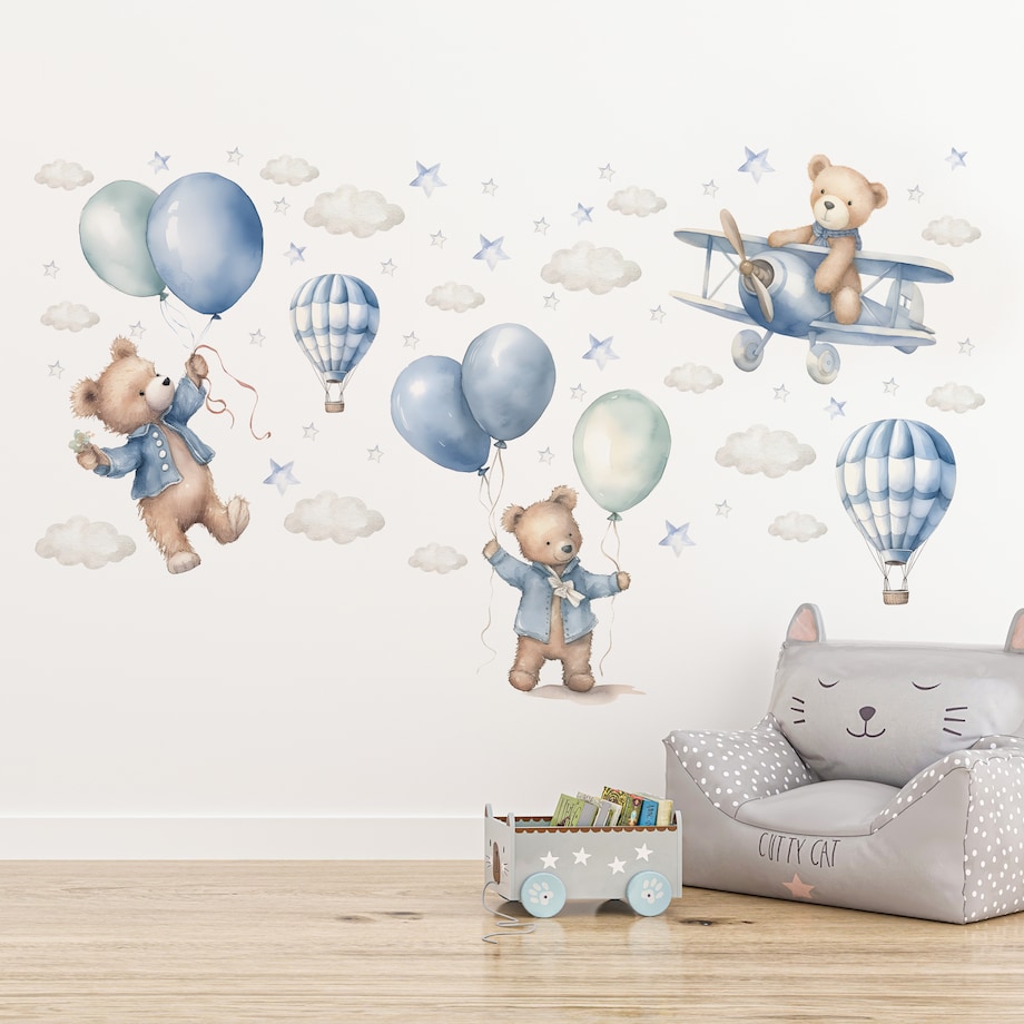 Naklejki Na Ścianę Dla Dzieci MISIE Balony Samoloty Chmurki Gwiazdki ZESTAW 120x60cm