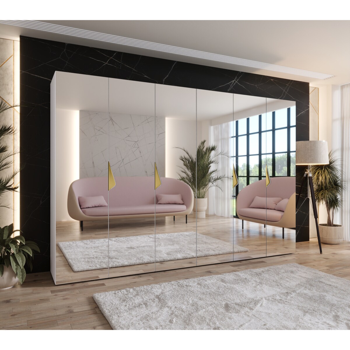 Szafa uchylna z lustrem Sandi 3 300 (2X150) wys 202 cm Biały + u Złoty