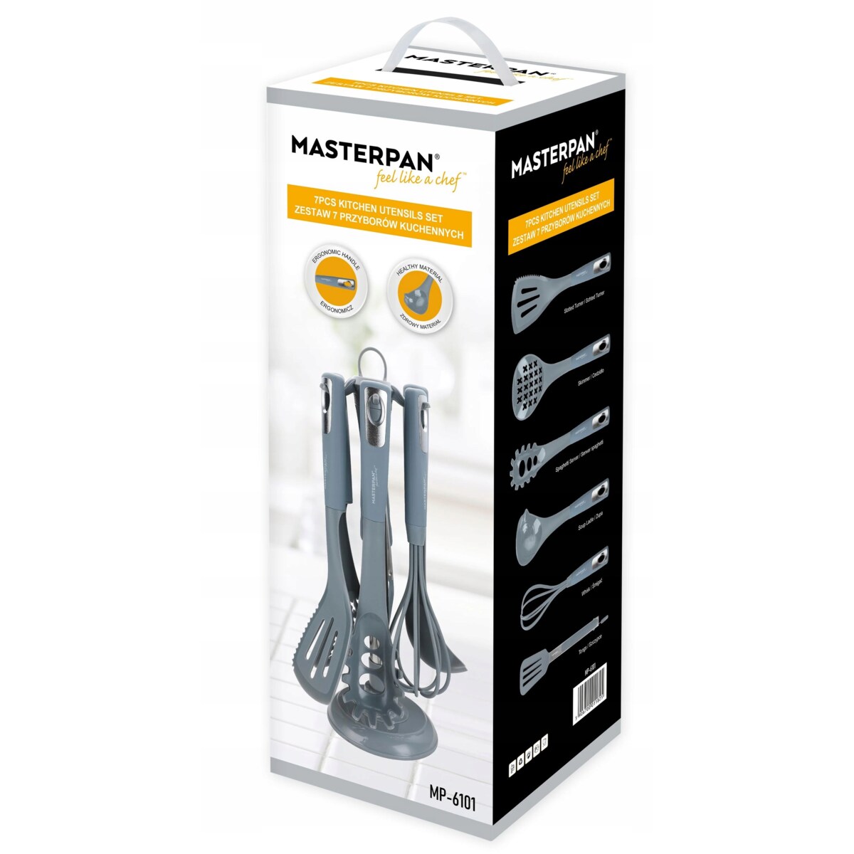 Zestaw Przyborów Kuchennych 7 El. Komplet Łyżka Trzepaczka Szczypce Stojak